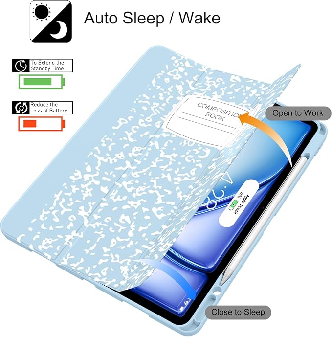 Soke Case for iPad Air 13 Inch (M4/M3/M2,2026-2024), iPad Pro 12.9" 6th/5th Generation with Pencil Holder(2021 2022 Release)-[Apple Pencil Charging + Auto Wake/Sleep] Soft Back Cover, Book Ice Blue