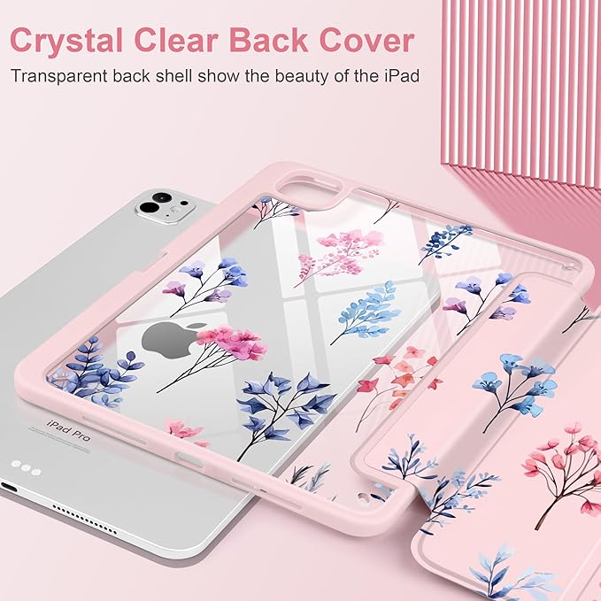 Case for iPad Pro 13 inch (M5) 2025 (M4) 2024 Release Slim Lightweight Cute Light Pink Cover with Clear Back TPU Edge Pencil Holder Trifold Stand, Hand-Drawn Florals