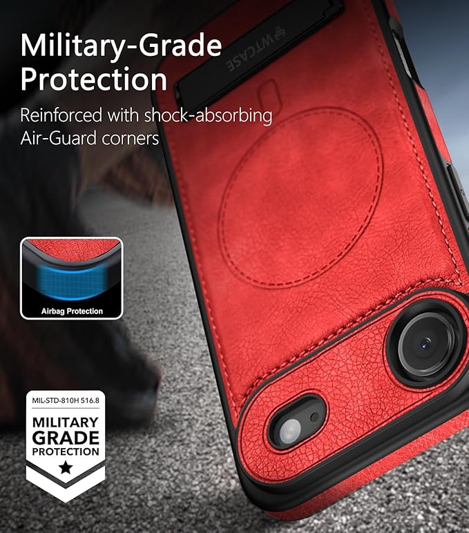 WTCASE Magnetic for iPhone Air Leather Case,Built-in Invisible Stand [Compatible with Magsafe] Protective Slim Kickstand Phone Cover for iPhone Air Case, Red