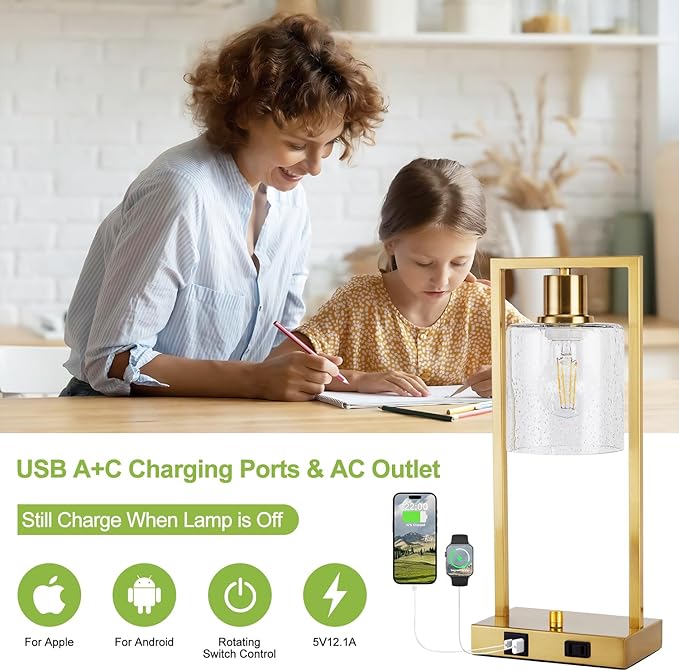 16" Desk Lamps for Home Office, Bedside Lamps with USB C+A Ports and Outlet, Gold Fully Stepless Dimmable Industrial Table Lamps with Seeded Glass Shade for Reading Living Room, LED Bulbs Included