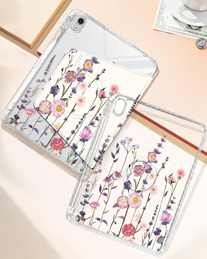 Shorogyt for iPad A16 11th Generation 11 inch 2025 /for i Pad 10th Generation case Magnetic Stand for Women - Cute Design 360 Degree Rotating Covers Girls Girly with Pencil Holder,Little Flower