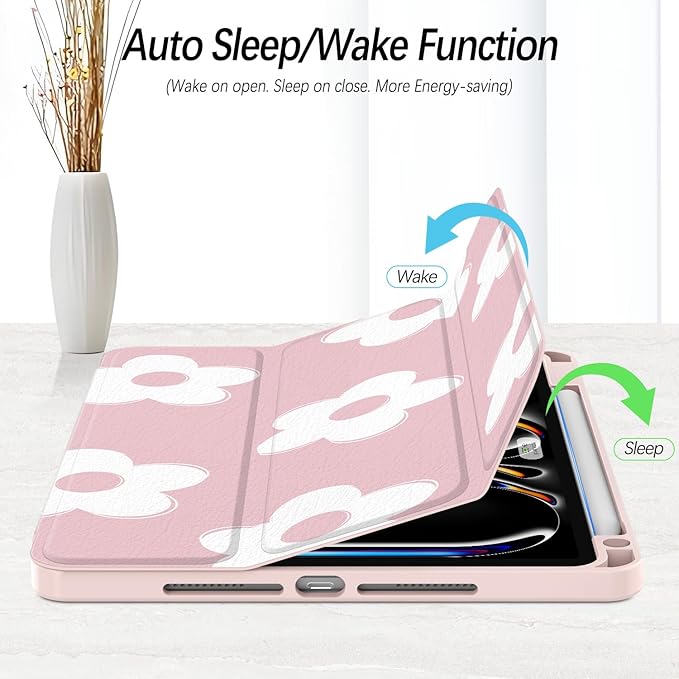 Case for iPad Pro 11-Inch M5/M4 2025/2024 (6th/5th Generation), Case with Pencil Holder, Clear Back Cover Cute Cool Design for Women Girls, Auto Sleep/Wake, Pink White Flower