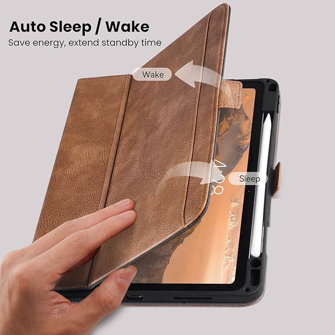 Handmade Case for iPad Pro 11 Inch (M5/M4) 2025/2024 with Pencil Holder Pocket,Magnetic Closure,Auto Sleep/Wake,Vegan Leather Folio Protective Cover,Multi Angles Stand,Dark Brown