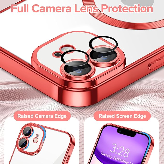 Hython Magnetic Clear for iPhone 11 Case with Camera Lens Protector [Compatible with MagSafe] Luxury Plating Edge Slim Soft TPU Cover Protective Phone Case for iPhone 11 6.1", Red