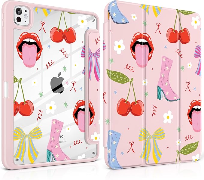 Case for iPad Pro 11 Inch (M5 2025 M4 2024) – [Built-in Pencil Holder], Shockproof & Stylish, Clear Hard Back + Soft TPU Edge, Magnetic Trifold Stand, Auto Wake/Sleep, Cherry & Lip