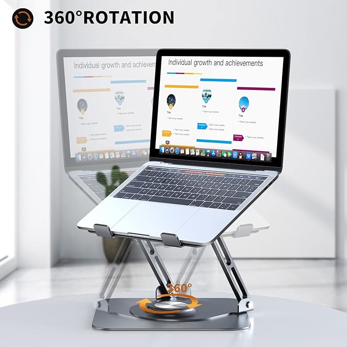 JOYEKY Laptop Stand for Desk, Adjustable Computer Stand with 360° Rotating Base, Ergonomic Laptop Riser for Collaborative Work, Foldable & Portable Laptop Stand, fits for All 10-16" Laptops (Grey)