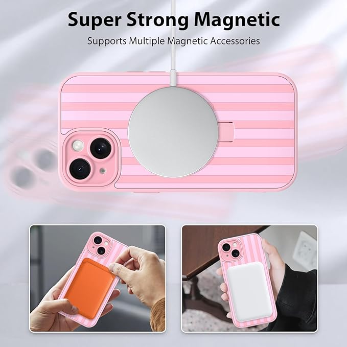 KANGHAR Compatible with iPhone 15 Case, Support for MagSafe, Silicone Stripes Cute Pattern, Wristband Kickstand Camera Protection Soft Slim Cover for Girls Women -Pink