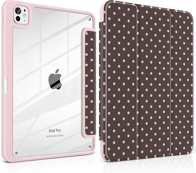TWOLSKOO Case for iPad Pro 11-inch (M5 2025 / M4 2024), Clear Acrylic Back with TPU Bumper, Pencil Holder, Trifold Stand, Auto Sleep/Wake, Chocolate Polka Dot