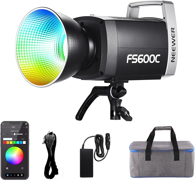 NEEWER Pro 600W RGB LED Video Light APP/2.4G/DMX Control, 2500-7500K 52500lx/1m COB Continuous Output Lighting, CRI95+/TLCI97+ Spotlight with Bag for Studio Photography Recording Streaming, FS600C