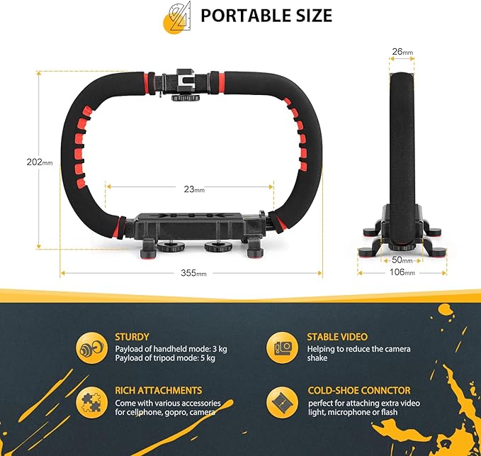 Zeadio Portable Camera Handheld Stabilizer, Versatile Handle Grip Smartphone Handheld Video Rig with Carrying Case, Compatible with All Camera Camcorder Action Camera DSLR and All Smartphones