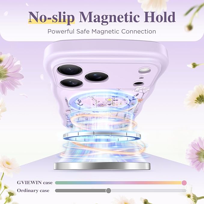 GVIEWIN for iPhone 17 Pro Case Compatible with MagSafe [Curly Wave Edge][Full Camera Protection] Floral Translucent Shockproof Magnetic Women Phone Case for iPhone 17 Pro 6.3'', Floratopia/Purple