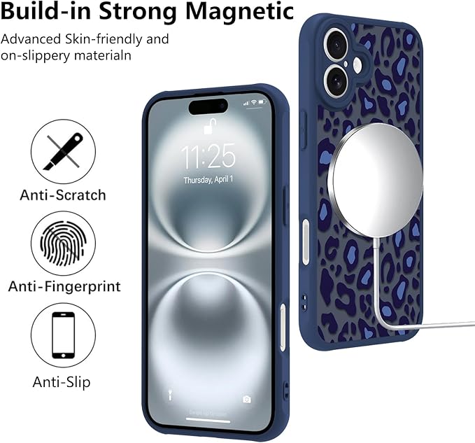 KANGHAR Case for iPhone 16 Plus Blue Leopard Printed Pattern Cute Cheetah [Compatible with Magsafe] Protective Magnetic Case for Girls Women 6.7"