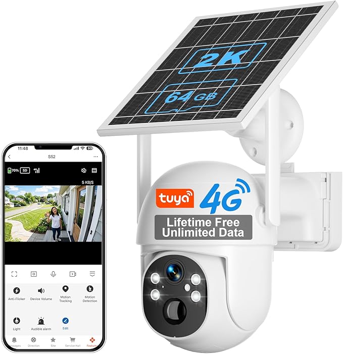 SANSCO 4G LTE Cellular Solar Security Camera Wireless Outdoor, Lifetime Free Unlimited Data, NO WiFi 2K Color Night Vision, PTZ 360 View, 2 Way Audio, Motion Detection, Built-in SIM Card, 64G TF Card