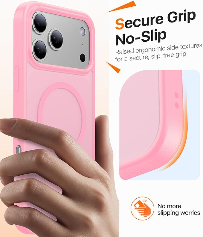 Magnetic for iPhone 17 Pro Case,[Anti-Slip][Compatible with MagSafe][Military Grade Drop Protection] Shockproof Protective Translucent Matte Phone Case for iPhone 17 Pro Case,Pink