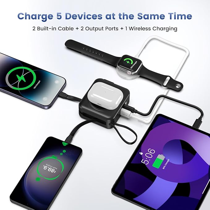 for Magsafe Portable Charger with AC Wall Plug, 6-in-1 Magnetic Wireless Power Bank 10000mAh Built-in Cables, 22.5W Type-C in&Out Fast Charging Battery Pack for iPhone17/16/15/14/13/12 Series, Black