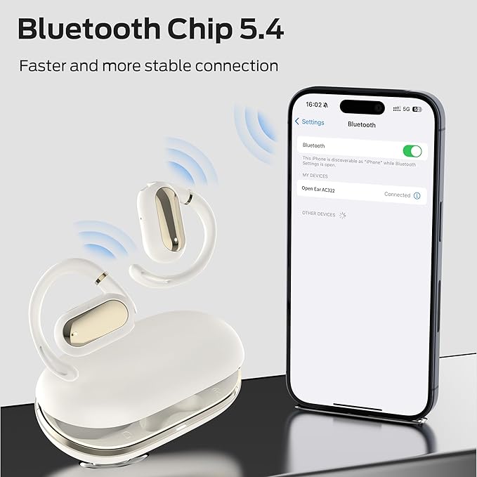 Oraolo Open Ear AC322 Wireless Earbuds, Bluetooth 5.4 Headphone, 36H Playtime, IPX5 Waterproof, Open-Ear Design with Adjustable Ear Hooks, Secure Fit for Running & Workout, Clear Calls White