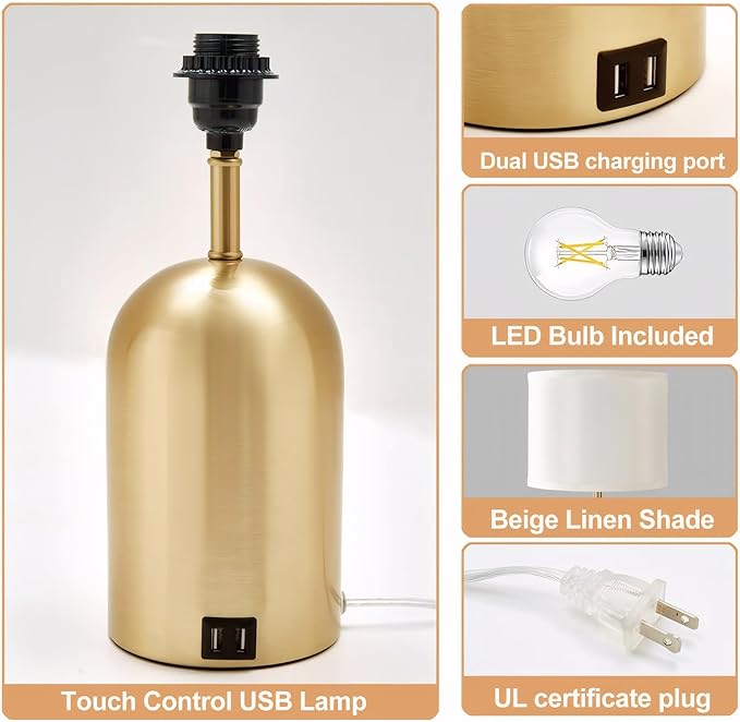 GyroVu Bedside Lamp with USB Port, Touch Control Table Lamp for Bedroom, Dimmable Modern Nightstand Lamp with Fabric Shade Gold Base for Living Room, Dorm, Home Office, LED Bulb Included