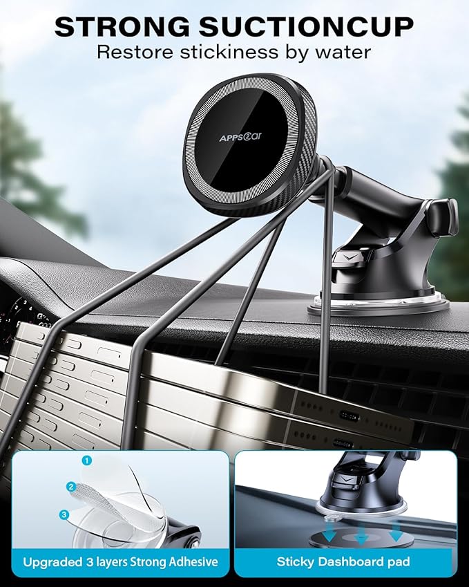 APPS2Car for MagSafe Car Mount, Magnetic Phone Holder for Car Dashboard Windshield, Suction Cup Holder with Telescopic Arm, Magnetic Cell Phone Mount for iPhone MagSafe Case, Charging Not Supported