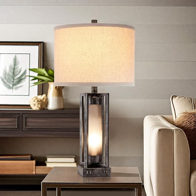 Set of 2 Industrial Table Lamps for Living Room with USB C+A, Vintage End Table Lamp for Bedroom with Gray Nightlight, Farmhouse Rustic Desk Lamp for Bedside, 4 Bulbs Included (Iron Gray)