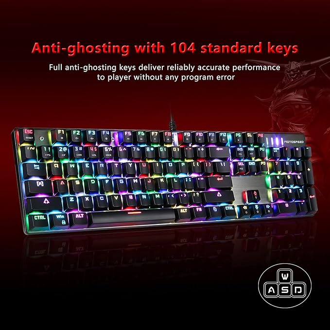 MOTOSPEED CK104 RGB LED Backlit Wired Mechanical Gaming Keyboard, 104 Keys Hot-Swap Mechanical Keyboard w/Aluminum Base, Upgraded Socket and Noise Absorbing Foams, Soft Tactile Red Switch ﻿
