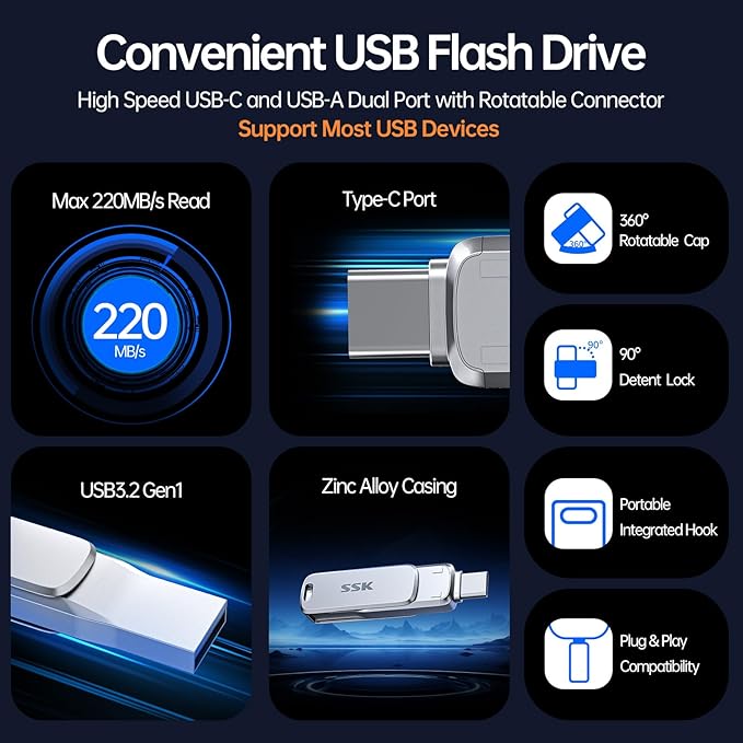 SSK 256GB Dual USB Flash Drive USB C Thumb Drive, up to 220 MB/s Type-C and USB-A 3.2 FlashDrive Memory Stick, Zinc Pendrive for iPhone 15/16Pro/Win/Android OTG