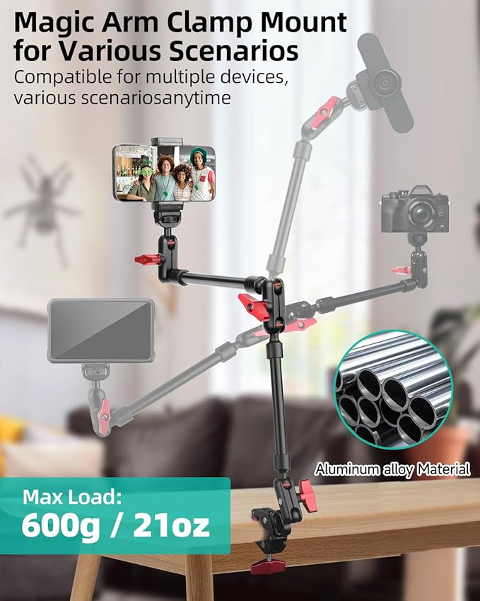 22" Magic Arm w Clamp Mount, Overhead Desk Phone Mount Stand, Adjustable Articulating Friction Camera Boom Arm w 1/4" Thread for Phone Video Light Webcam Action Camera Tripod Mic