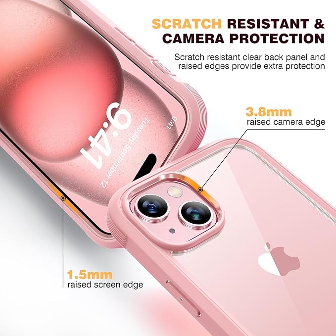 Diaclara Designed for iPhone 15 Case 6.1 Inch,Upgraded Full Body Rugged Clear Bumper Case with Built-in Privacy Screen Protector for iPhone 15,Pink