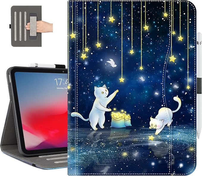 Vimorco Case for iPad (A16) 11th Generation 2025, for iPad 11th/10th Generation Case, Pencil Holder/Hand Strap/Pocket, Multiple Stand Protector PU Leather Shell Cover,Auto Wake/Sleep, Cat Picks Stars