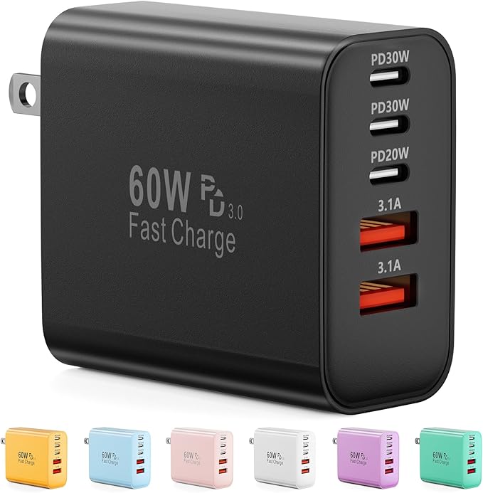USB C Charger Block, 60W 5-Port Type C Charger Fast Charging Block, USBC USB Multiple Port Wall Charger Plug Adapter for iPhone 17/Air/16/15/14/13/12/11 Pro Max, Samsung Galaxy, iPad, Tablet (Black)