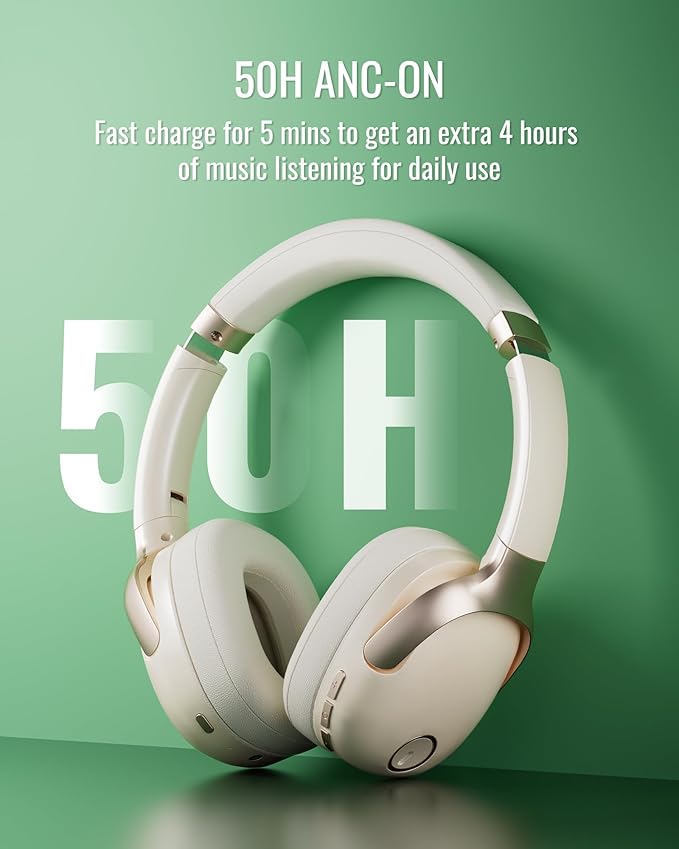 Hybrid Active Noise Cancelling Headphones, Wireless Over Ear Bluetooth, 50H Long ANC Playtime, Rotatable and Foldable, HiFi Audio Deep Bass, Customized EQ via APP, Transparency Mode (Off White)