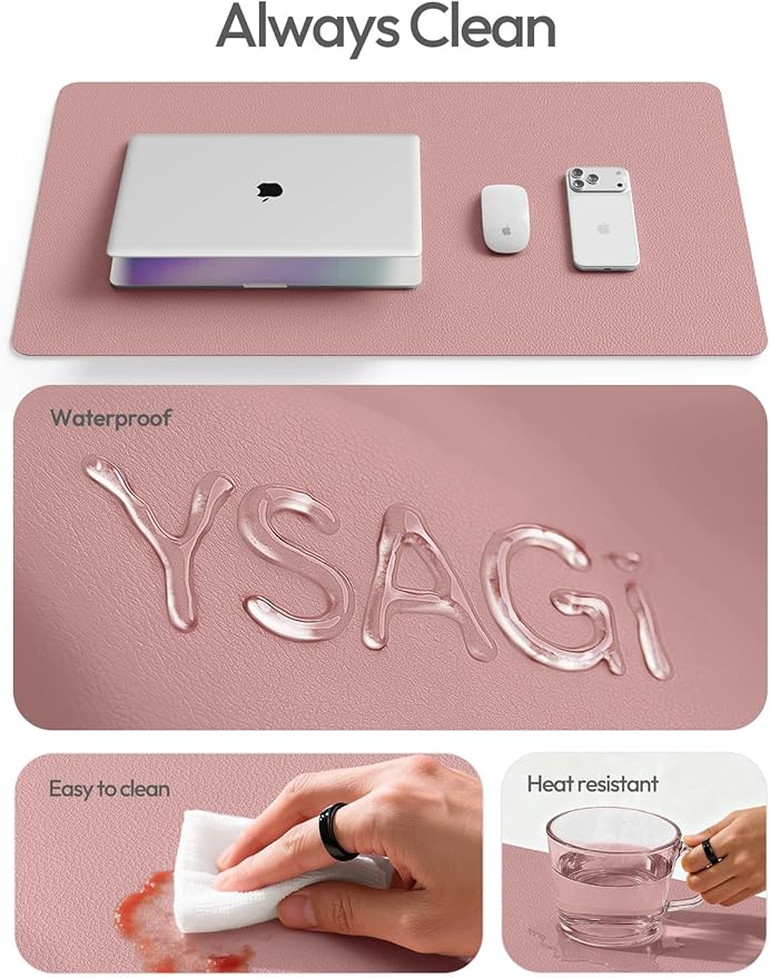 YSAGi Leather Desk Protector, Office Mat, Large Mouse Mat, Non-Slip PU Leather Blotter, Laptop Pad, Waterproof Writing Pad for Office and Home (Pale Mauve, 47" x 17")
