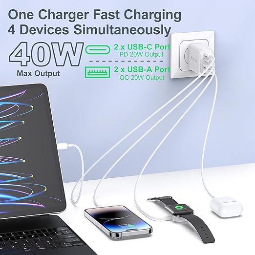 USB C Wall Charger, 40W 4-Port USB C Charger Block, Fast Charging Block Dual Port PD+QC Power Adapter Type C for iPhone 15/14/13/12/11/Pro Max/XS/XR/8, iPad, Samsung Phone, Tablet, with 6FT C-C Cable