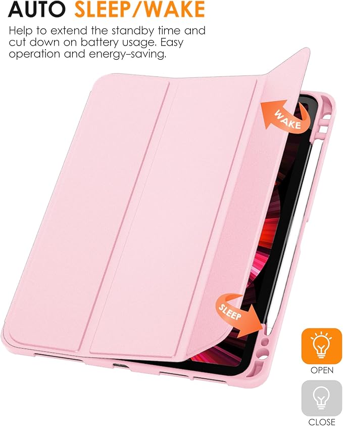 DTTO for iPad Pro 11 inch 4th/3rd/2nd/1st Generation 2022/2021/2020/2018 Case, Smart Slim Trifold Stand Soft TPU Back Cover with Built-in Pencil Holder, Also Fit iPad Air 5/4,Pink