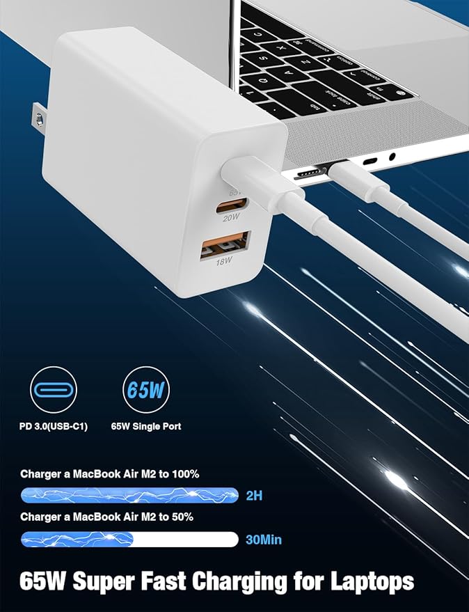 Hzevn 2Pack 65W USB C Wall Charger Block, 3-Port USB C Charging Adapter,Multi Super Fast Charging Power Plug Cube for MacBook Pro/Air,i-Pad Pro,i-Phone 17/16/15, Galaxy S25,and More-White