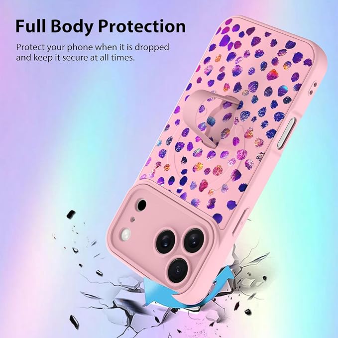 KANGHAR Compatible with iPhone 17 Pro Case, Support for MagSafe, Silicone Cute Iridescent Pattern Leopard Print Cheetah, Wristband Kickstand Shockproof Soft Slim Cover for Girls Women, Pink