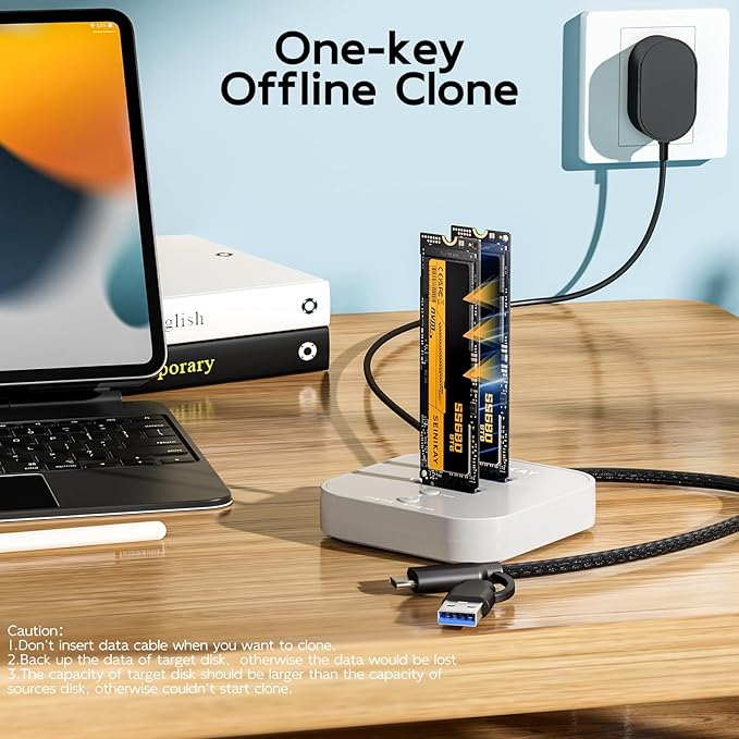 Dual Bay NVMe Enclosure – 90GBpm NVME Cloner Duplicator with C to C-A Cable, Offline Clone, Tool-Free Adapter Reader M.2 Docking Station, Progress LED & Fast Heat Dissipation