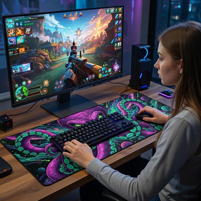 Blacklight Octopus Mouse Pad – UV Reactive Neon Tentacle Galaxy Desk Mat, Glow in The Dark Extended Gaming Mousepad with Colorful Cosmic Kraken Art for Gamers, Room Decor - 31.5" x 11.8"