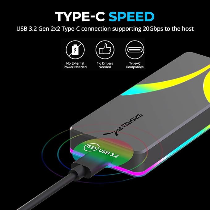 SABRENT Rocket RGB NVMe & SATA M.2 SSD Enclosure – USB C 20Gbps Tool-Free Case, USB 3.2 Gen 2x2, Trim, UASP, RGB LED, Compatible with 2230/2242/2260/2280 Drives – Aluminum, Plug & Play (EC-RGBG)