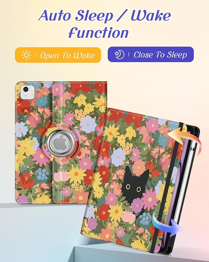 Kidcube for iPad Air 13 Inch Case (M3/M2)/for iPad Pro 12.9 Cases 6th/5th (2022/2021) - Women Girls Cute Rotating Stand Folio Cover with Pencil Holder & Card Slot Design Girly Kawaii Cat Flower Cover