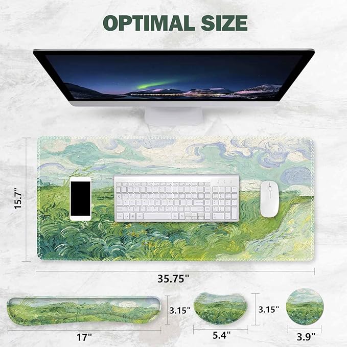 ToLuLu Extended Gaming Mouse Pad, Memory Foam Ergonomic Keyboard Mouse Wrist Rest Support Set, Large Desk Mat with Stitched Edges, Non-Slip Base Mousepad for Home Office Game and Study, Green Theme