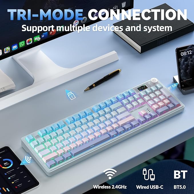 CORBOBO LINGBAO K108 Pro Wireless Mechanical Keyboard with Screen & Knob, Full Size Creamy Keyboard with Number Pad, 10000mAh Battery, PBT Keycaps, RGB Backlit, Hot-swappable Gaming Keyboards
