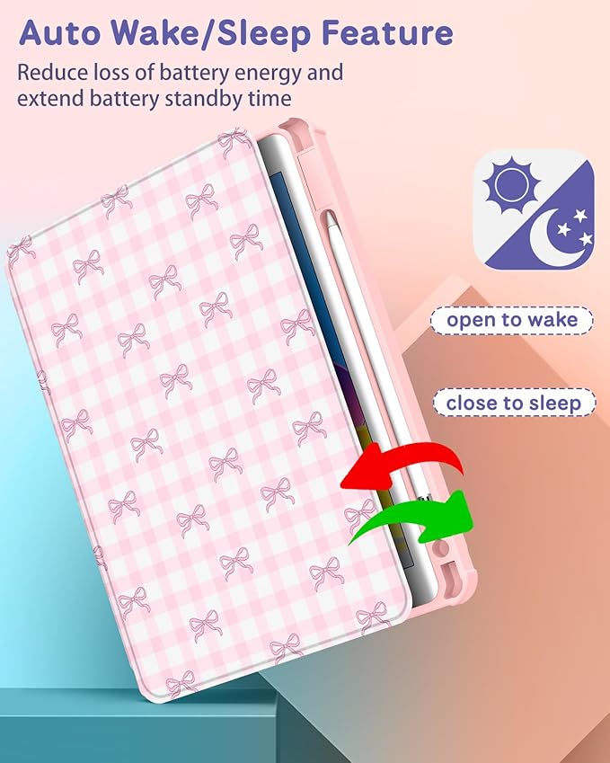 Uppuppy for iPad 9th/8th/7th Generation Case for iPad Air 3rd/ Pro 10.5” Case - 360 Rotating Stand Folio Smart Cover with Pencil Holder for Women, Pink Bow Checkered for Apple Tablet 7/8/9 Gen 10.2”