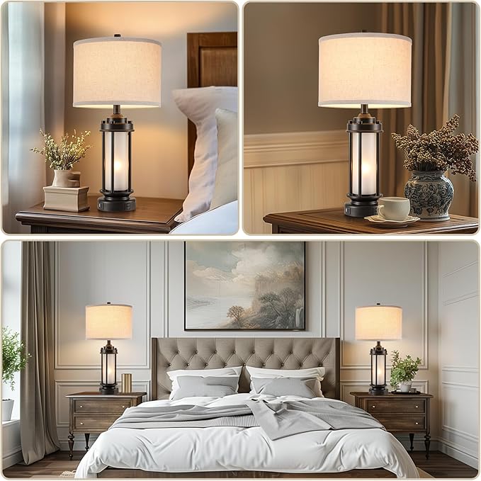 AIEAMPDO Set of 2 Modern Table Lamps for Living Room Bedroom, 25'' Black Retro Industrial Metal Lamp with Glass Nightlight, Contemporary Desk Lamp for Bedside End Table Office, 4 Bulbs Included