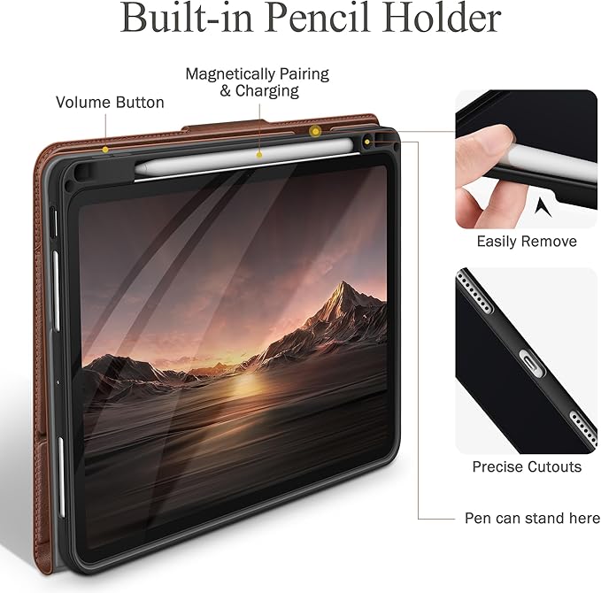 auaua Case for iPad Pro 11 Inch (M5/M4) 2025/2024, with Pencil Holder and Pocket, Multiple Angles Viewing, Magnetic Closure, Auto Sleep/Wake (Brown)