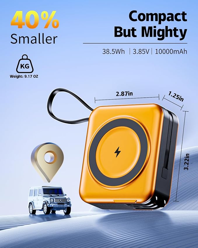 for Magsafe Portable Charger with Built-in Cables and AC Wall Plug, 10000mAh Magnetic Wireless Power Bank 22.5W Type-C in & Out Fast Charging Battery Pack for iPhone 17/16/15/14/13/12 Series, Orange