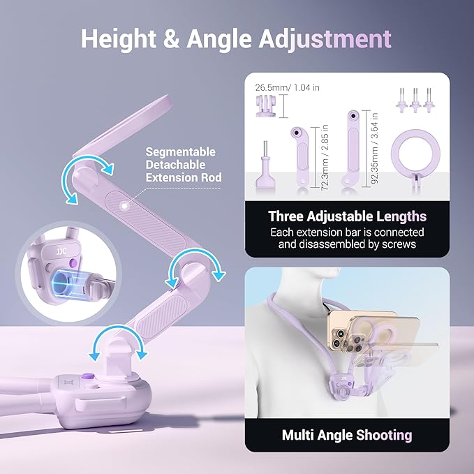JJC Magnetic Neck Mount for Phone & Action Camera, POV Neck Holder for iPhone 17-12 Series Android Phones Gopro Insta360 with Quick Release & Angles Adjustment for Content Creating Women-Purple
