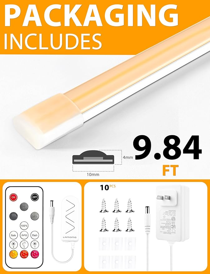 Lamomo COB LED Strip Lights Pro, 9.84Ft Warm White Dimmable Self-Adhesive Led Rope Light with Remote, Flexible Cuttable Waterproof 3000K Silicone Neon Tape Lights for Bedroom, Indoor, Outdoor, Cabinet