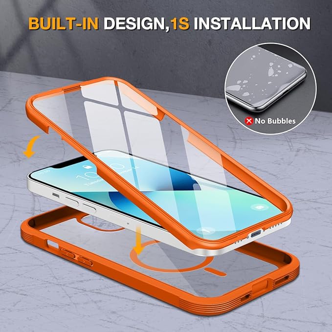 Miracase for iPhone 13 mini Case 5.4",Full-Body Protection,Clear Bumper Case with Built-in 9H Tempered Glass Screen Protector,Military-Grade Drop Protection Outdoor Phone Case for 13 mini,Orange