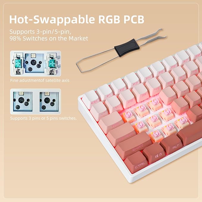 ZORNHER ZH100 Wireless Mechanical Keyboard,98% Pink Creamy Keyboard with Number Pad,Full Size Rose Gold Gaming Keyboard,Lighted Up PBT Dipped Keycaps,Creamy Sounding Linear Switches