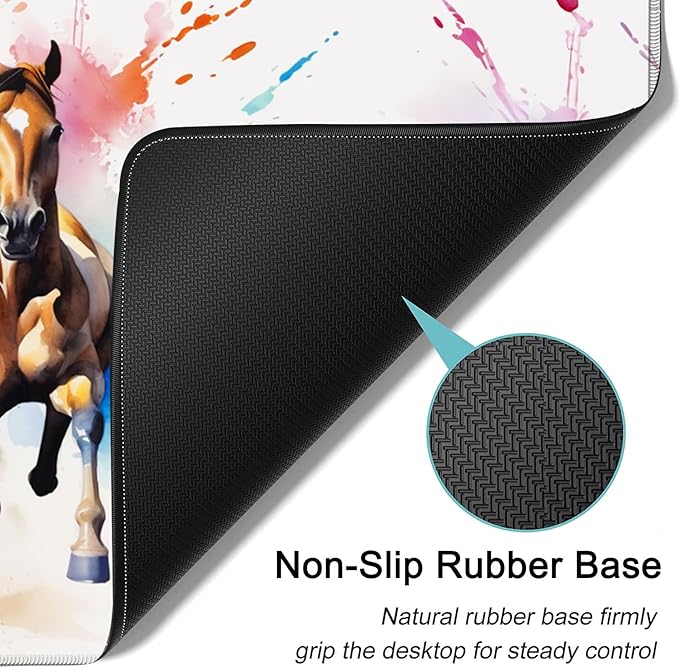 Large Mouse Pad, 31.5 x 11.8in Extended Gaming Mouse Pad with Stitched Edges, XXL Mousepad Protector Non Slip Rubber Base for Office & Home Writing Mat, Watercolor Horse Running Pattern White Desk Mat